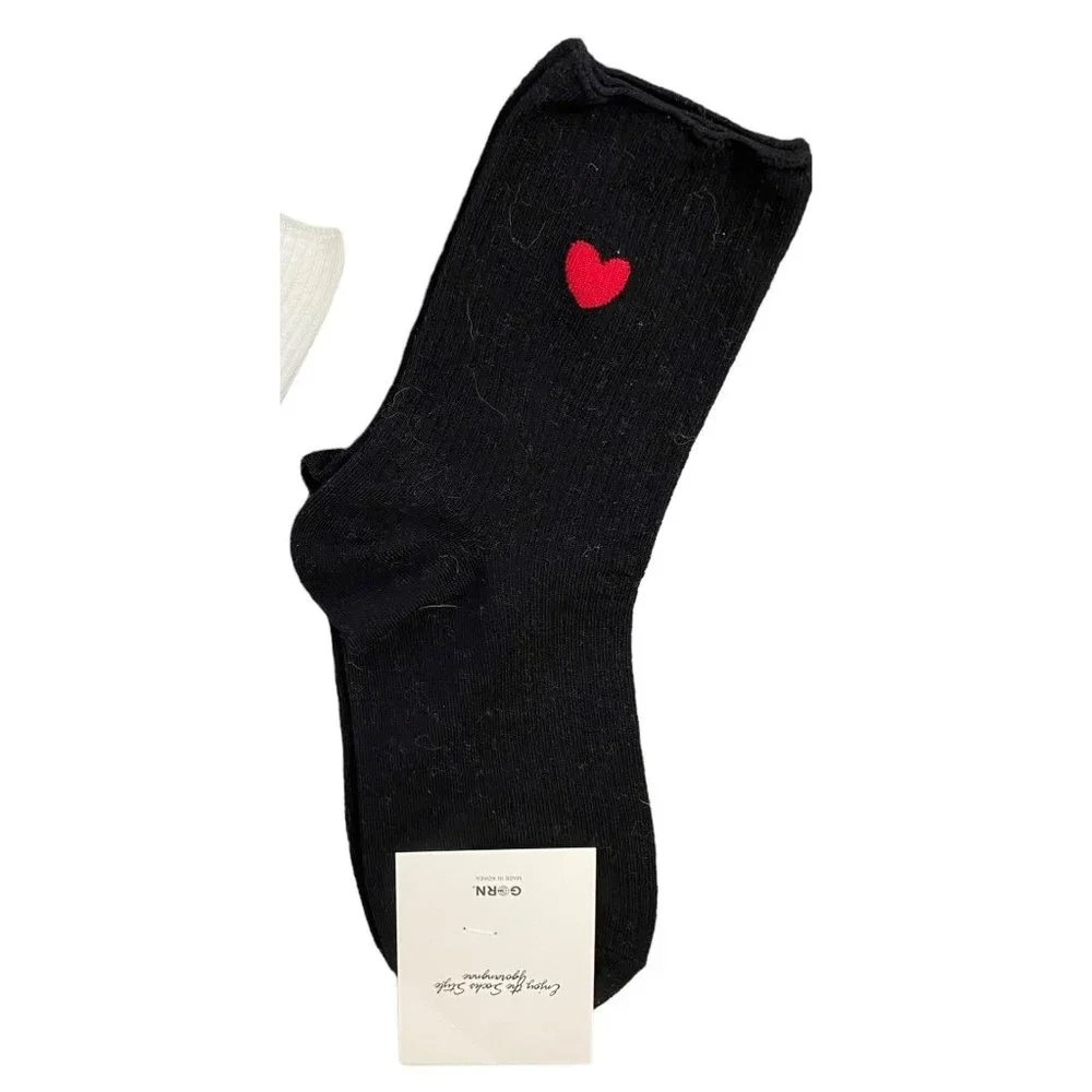 Heart Print Socks Black Red One Pair One Size NWT
